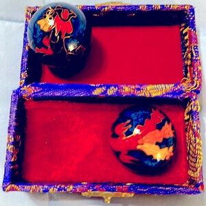 Chinese Baoding relaxation balls. Beautiful cloisonée balls in blue brocade box